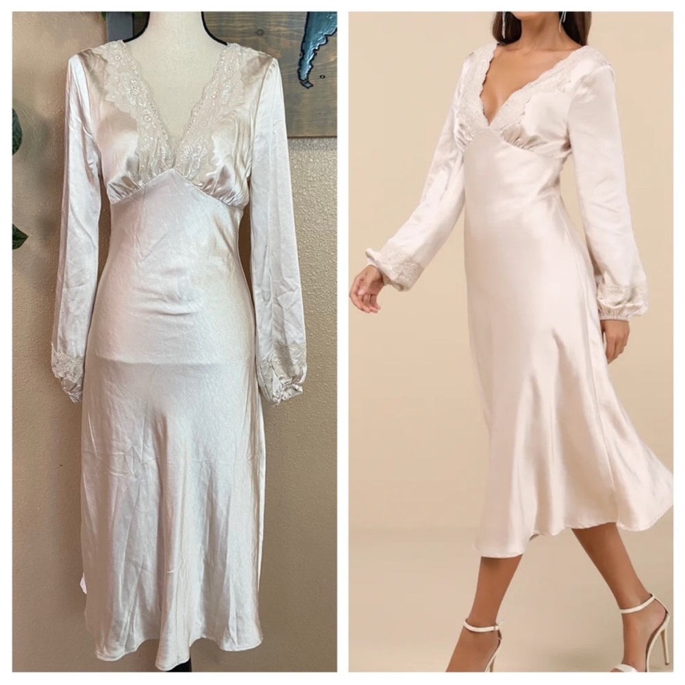 Illustrious Elegance Champagne Satin Long Sleeve Midi Dress